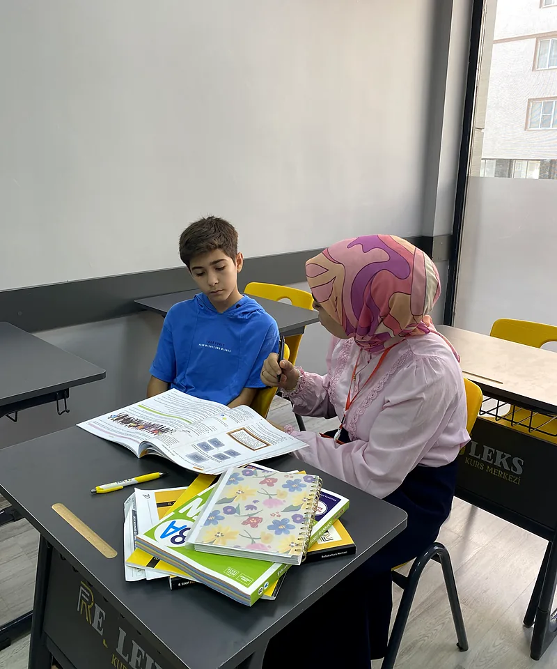 Refleks öğretmeni bir öğrencisiyle fen konusu üzerinde birebir çalışırken